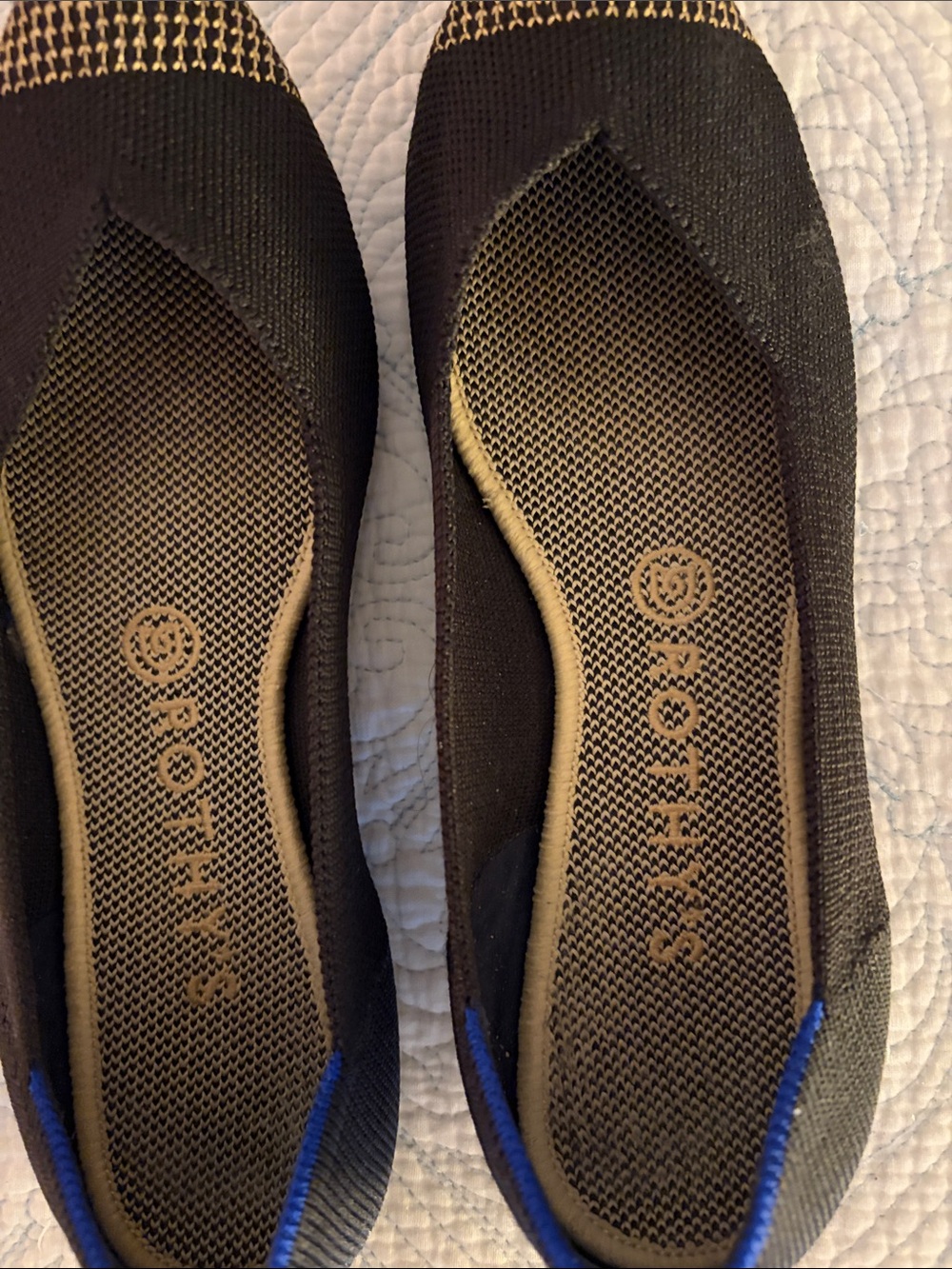 Rothy's Black Knit Pointed Flats with Gold Toe and Blue Trim - Picture 5 of 5